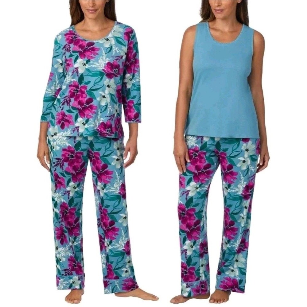 Carole Hochman Cotton 3pc PJ Lounge Set Blue Floral Lightweight Womens M (10/12)